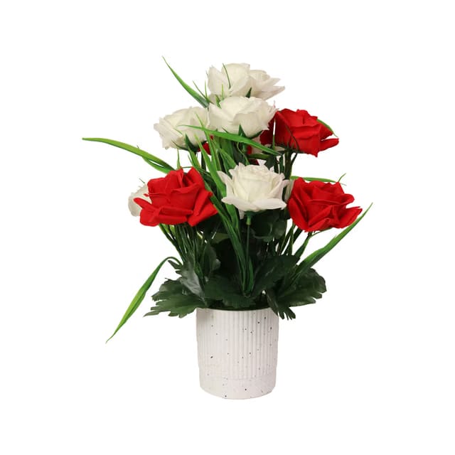 Artificial Red White Rose Flower Bouquet with Pot