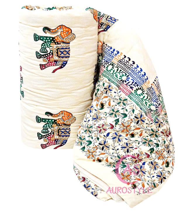400 TC Pure Cotton Traditional Jaipuri Design Printed Light Weight Single Bed Quilt/Razai/Rajai - 85 x 55 Inches