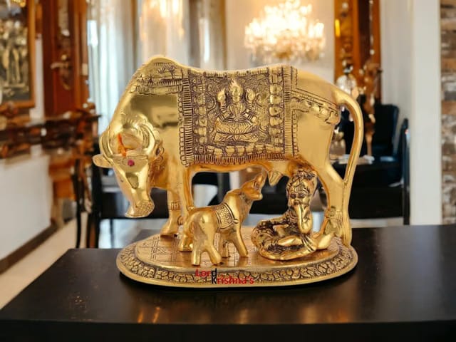 Oxidised Metal Kamdhenu Cow and Calf Statue with Bal Gopal