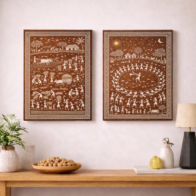 PAINTINGMANTRA Warli Art Stretched Canvas Wall Art Paintings for Living Room