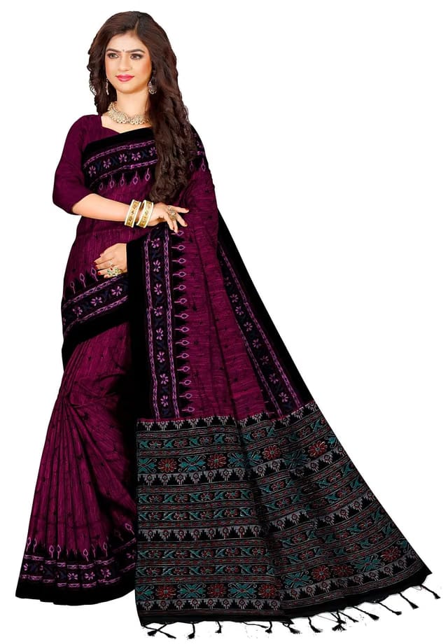 Quetzal Women’s Magenta Pure Cotton Sambalpuri Batik Print Saree with Unstitched Blouse – Lightweight Comfortable Saree