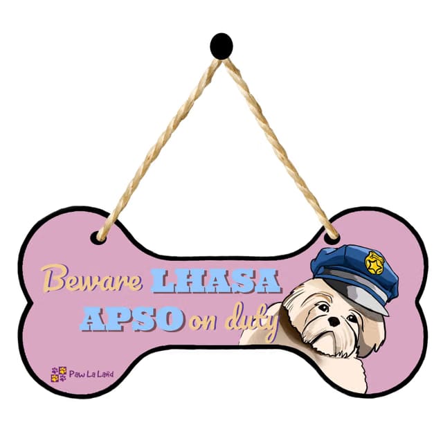 Beware! Lhasa Apso On Duty Door Hanging (12″ X 7″) for Living Room, Housewarming Gifts - for Friends & Family