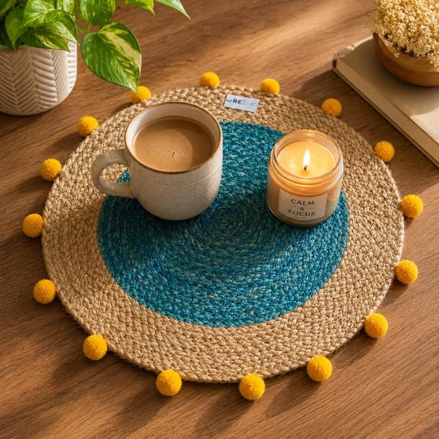Decor Pompom Jute Placemat, Blue with Yellow Trim, Round