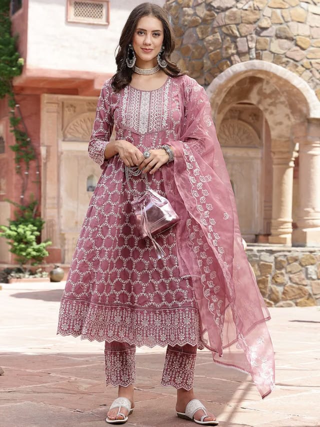 Mauve Ethnic Motifs Embroidered Sequinned Anarkali Kurta with Trousers & Dupatta