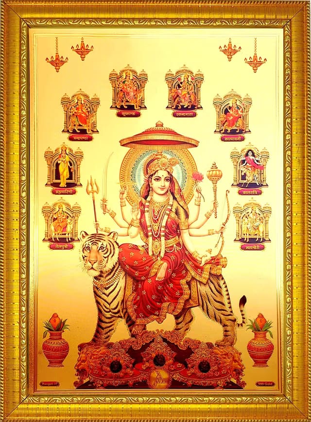 Maa Durga Nav Roop Shailputri Katyayani Mahagauri Hindu Religious Painting Wood Wall Photo Frame For Navratri Dussehra