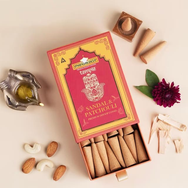 Temple Premium Bambooless Dhoop Cones - Sandal & Patchouli - Ceramic Stand Inside - Charcoal Free (40 Cones)