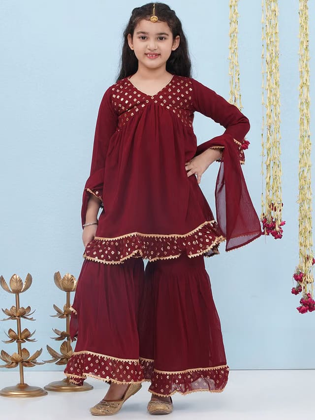 Kids Girls Maroon Georgette Printed Anarkali Kurta Sharara Set