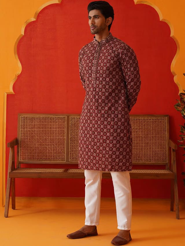 Men Ethnic Motifs Embroidered Regular Sequinned Kurta with Pyjamas
