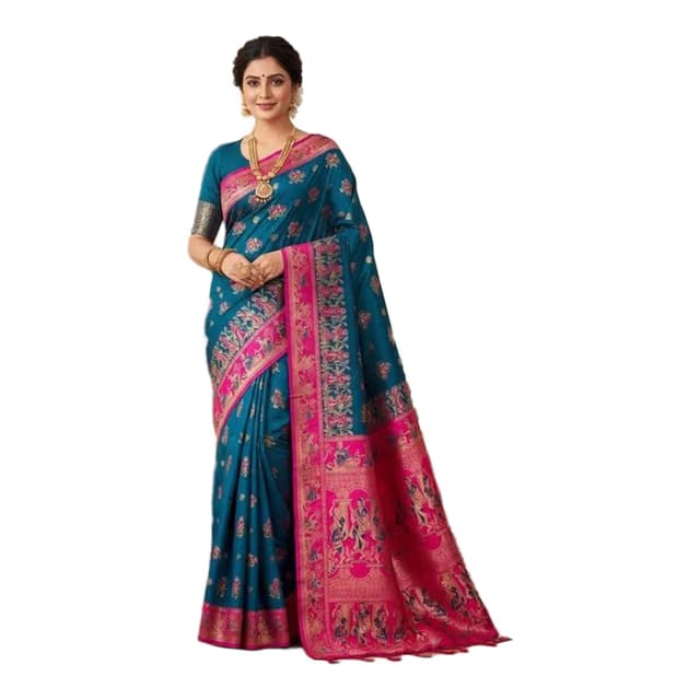 Women's Baluchari Silk Blend Saree with Blouse Piece, Blue