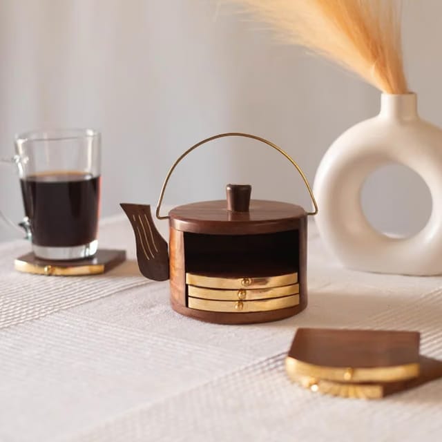 Wooden Tea Coaster Set with Kettle Shape Holder – Handcrafted Wooden Coasters for Dining Table, Tea, Coffee & Drinks