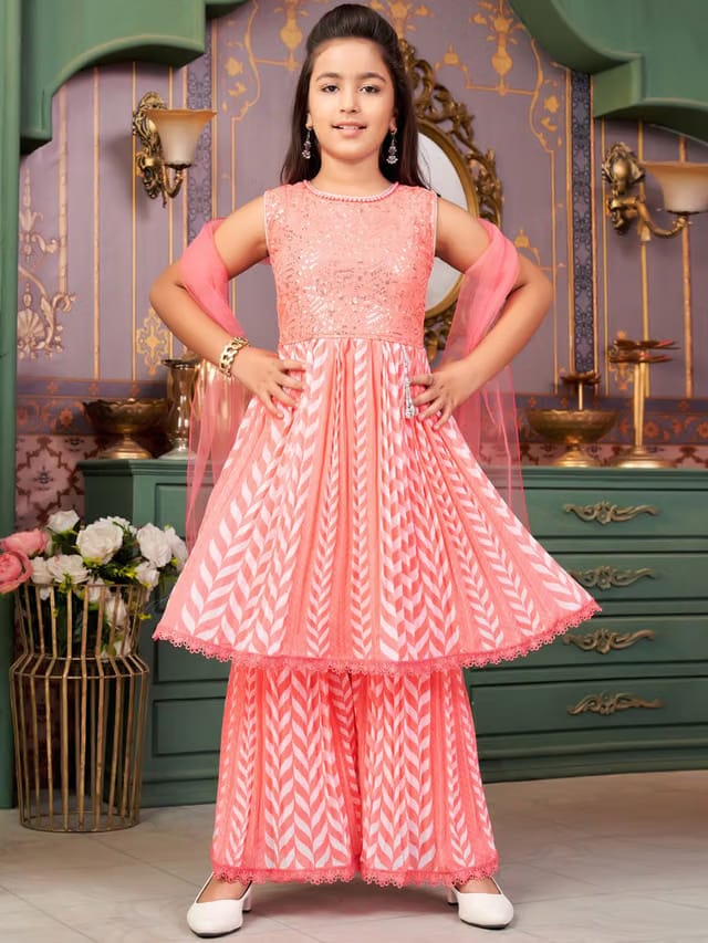 Girls Embroidered Empire Sequinned Kurta with Sharara & With Dupatta
