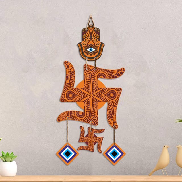 Traditional Swastik Wall Hanging with Hamsa Hand & Evil Eye Charms