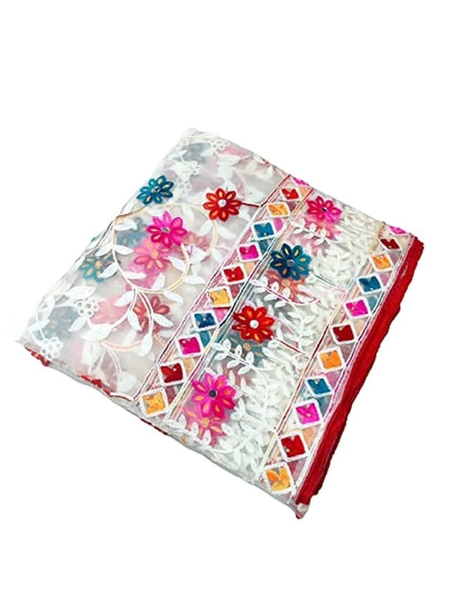 White Colour Net Embroidered Fancy Phulkari Dupatta for women (White, 2.2 meters)