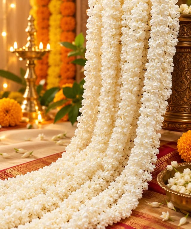Diwali Decor Items, Artificial Heavy Mogra Jasmine Garlands Strings - 2 pc Garland