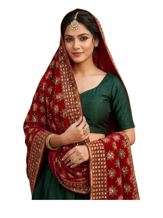 Maroon Phulkari Dupatta with Thread Embroidery, Traditional Style, 2.25 Meter, for Girls and Women