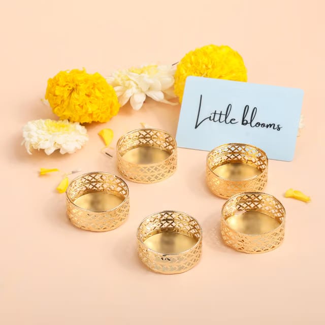 Little Blooms 12-pcs Metal Tea Light Holder - Golden Round Decorative Diya Stand