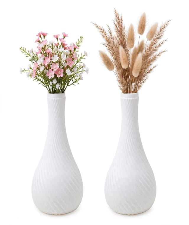 Unbreakable Plastic Flower Vase For Home Decor 12''— Ceramic Look Modern Decorative Vase Set — White Donut Vase For