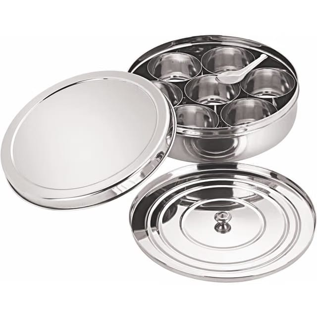 neelam Stainless Steel Spice Box, Masala Dabba with airtight Steel Lid, 7 Containers with 1 Spoon & 1 Steel Plate