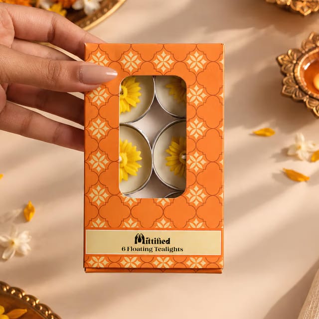 Marigold Tealight Candles for Home, Diwali, Pooja, Decor - Set of 6 Floating Tealights for Decoration