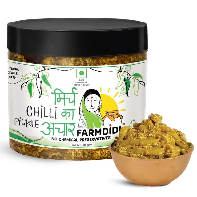 FarmDidi Spicy Green Chilli Pickle 325g In Fresh Homemade Sun-Dried Hari Mirch Ka Achar Made with Mustard Oil Ghar Ka