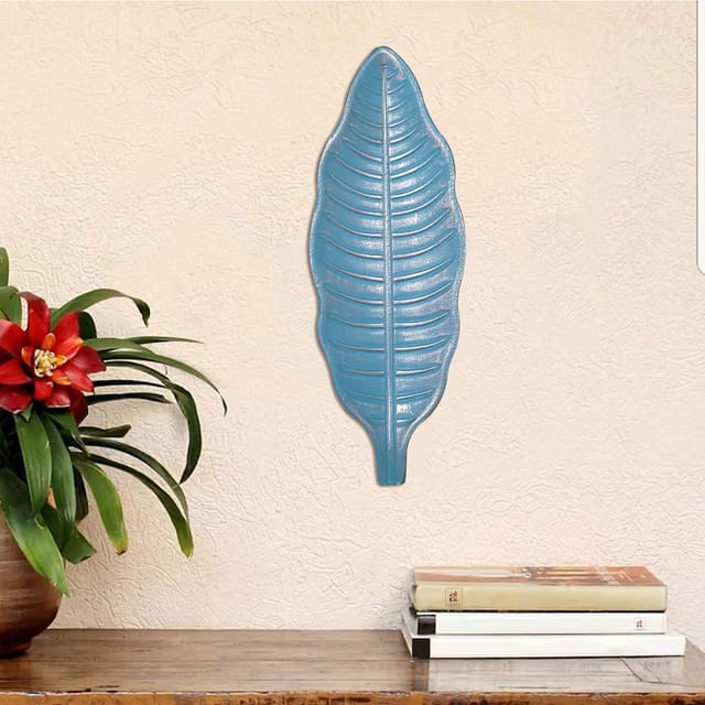 Blue & Silver Color Leaf Shape MDF Decorative Wall Plate,Wall Decor Plates for Home & Office Decoration-Size-14.5x5.5