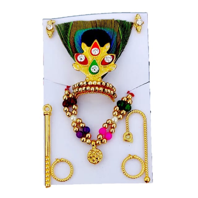 Mander (Size: 0,1,2) Laddu Gopal ji Mor Mukut Mala Combo Janmashtami Shringar Set with 6 Item Bansuri, Kundal, Kade