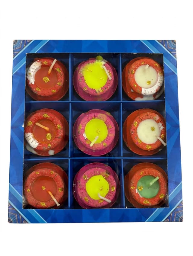Matki Diyas Box, Set of 9, Pre-Filled Colored Wax Candles
