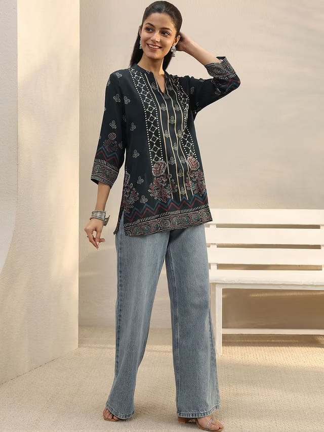 Libas Blue Floral Printed Straight Short Kurti