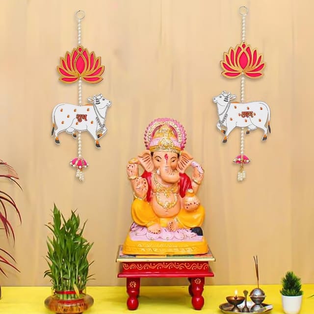 Lotus, Cow, Pink Tassel Style Shubh Labh Hanging for Diwali Ganesh Chaturthi Navratri Decoration