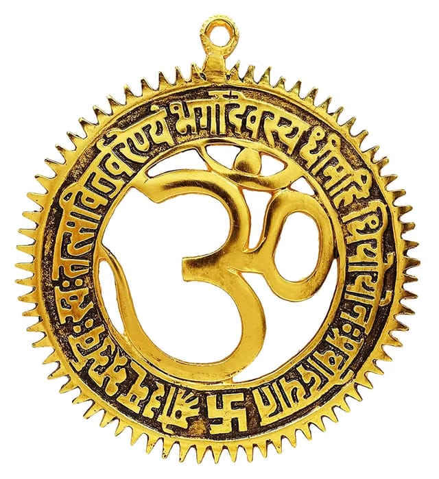 FUKREY® - Brass HandCrafted Om with Gayatri Mantra Wall Hanging, Decorative Om Religious Wall Hanging Showpiece, Vastu