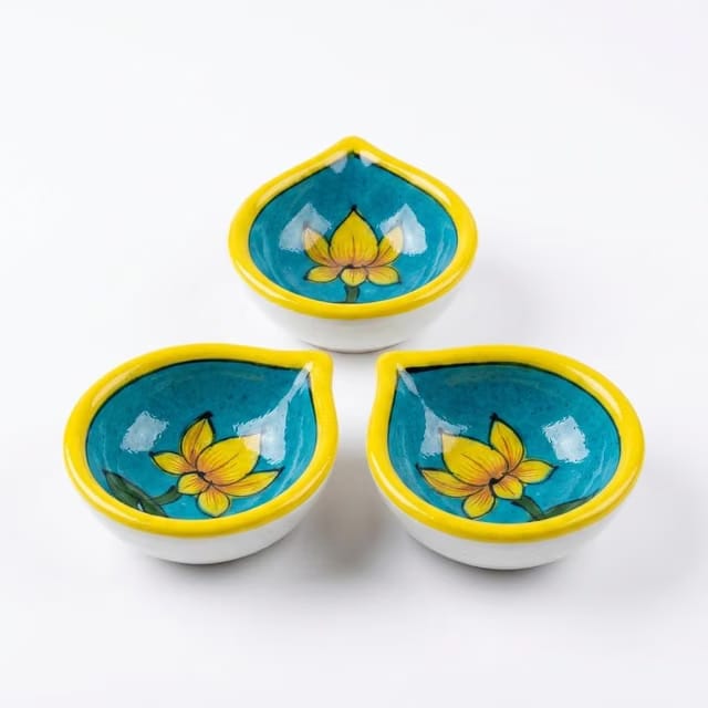 Jaipur Blue Pottery Handpainted Lotus Diya Set of 3