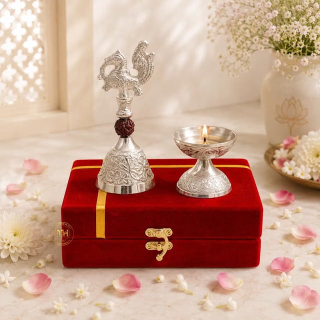Aluminium Peacock Bell and Paro Diya Set with Velvet Gift Box