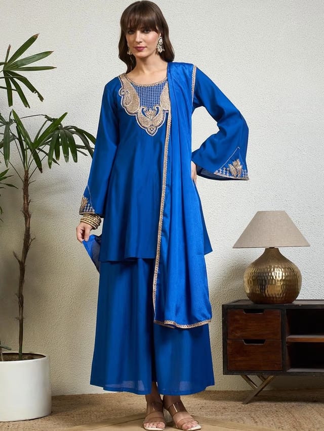 Women Ethnic Motifs Embroidered Regular Kurta with Palazzos & With Dupatta