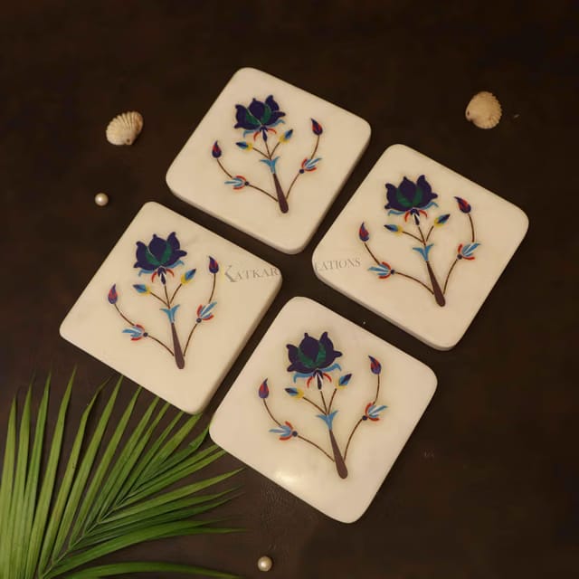 Katkaria Creations Marble Inlay Coaster Set of 4 Handcrafts by Indian Artisans