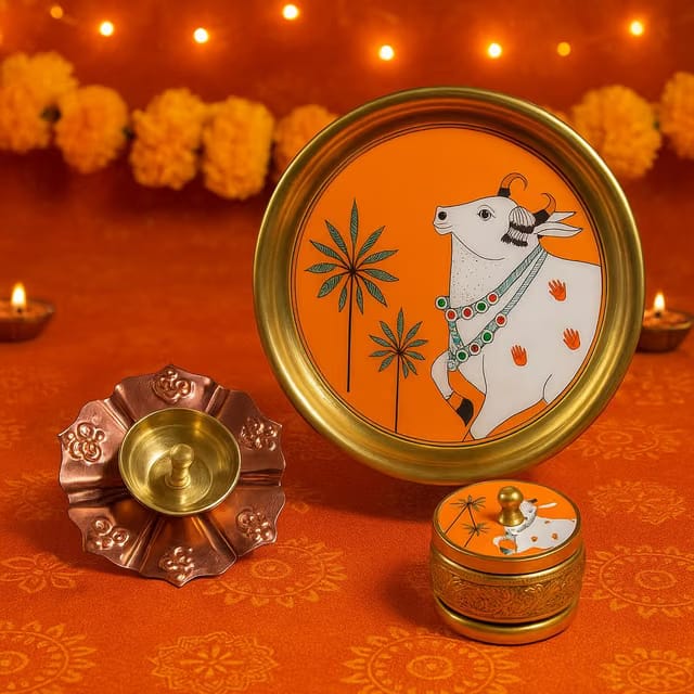 CraftVatika Brass Pooja Thali Set with Diya and Roli Box for Diwali Gifts, Festive Decor, Diwali Decoration Items