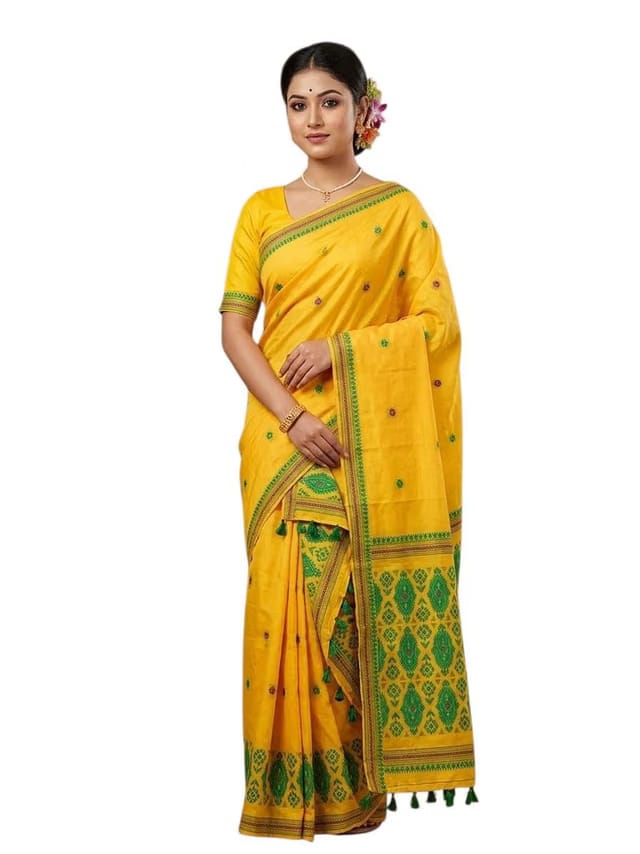 Assamese Mekhala Chador Art Muga Slub Silk Yellow with Green Buta