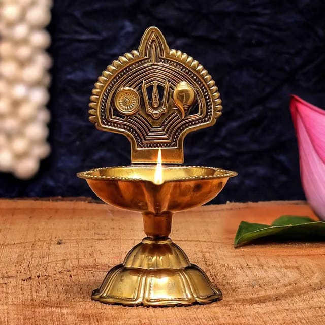 Brass Shankh Chakra Tilak Diya for Pooja