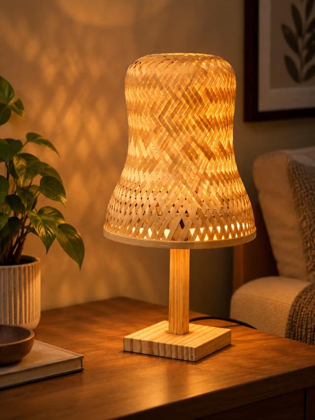 Handmade Bamboo Cane Table Lamp with Wooden Stand
