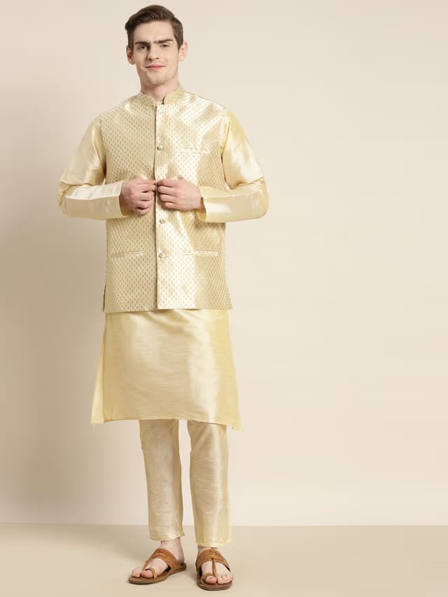 Men Solid Kurta with Churidar & Woven Design Nehru Jacket
