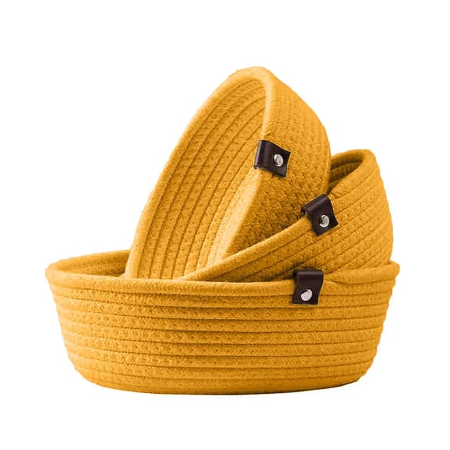 Handwoven Jute Rope Storage Basket Set of 3, Rectangular, Natural Finish, with Leather Handles