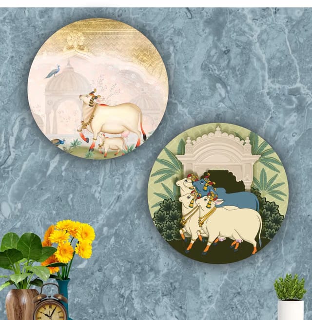Bhikham Creation paintings Round Shape Pichwai Cow Art MDF Wall Painting for Living Room 10x10 inches Door Designer