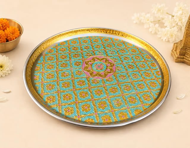 Handicrafted Meenakari Decorative Stainless Steel Pooja Thali, Aarti Plate 11 Inch