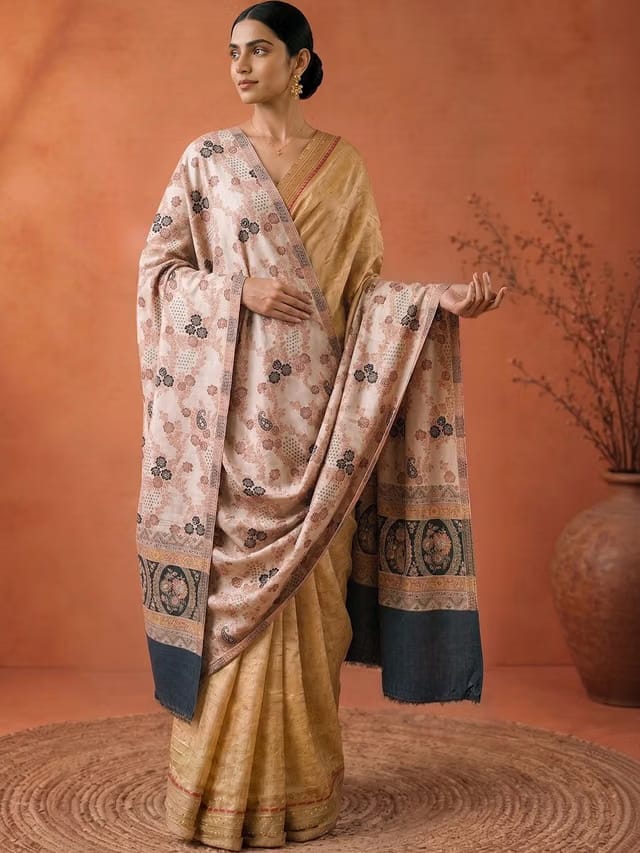SOURAGYA Women Ethnic Winter Floral Woven Design Pashmina Fringed Border Shawl