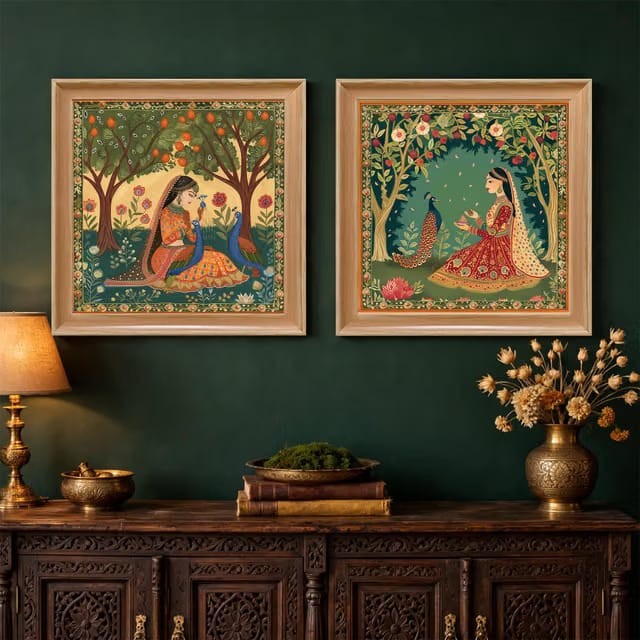 PAINTINGMANTRA Framed Painting Madhubani Wall Art Prints, Women in Garden with Peacock Designs Paintings