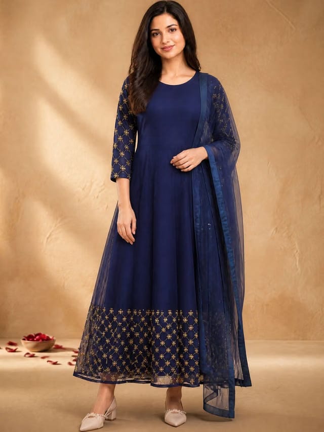 Embroidered Round Neck A-Line Anarkali Ethnic Dresses