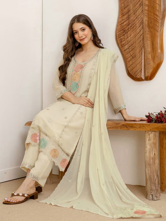 Embroidered Beige Georgette Straight Kurta set for Women With Dupatta