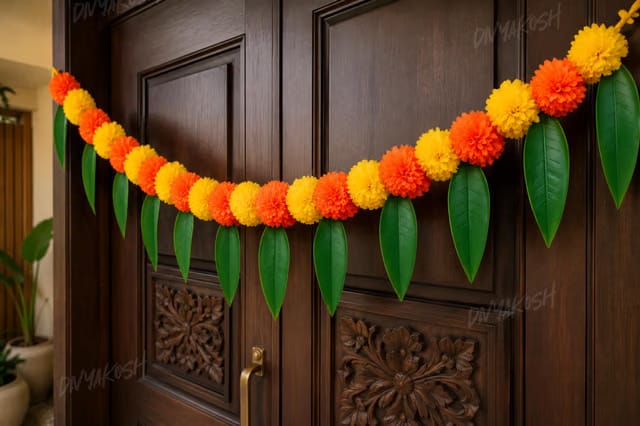 Mango Leaves Toran for Main Door – 1 Pc ; Size 40 Inch Artificial Marigold & Mango Leaf Bandhanwar for Entrance