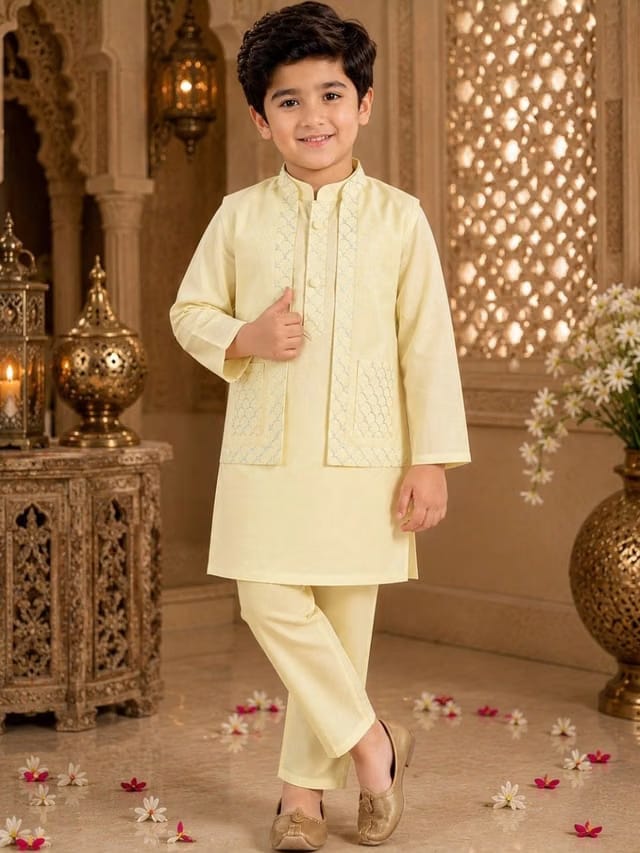 Superminis Boys Yoke Design Thread Work Pure Cotton Kurta With Pyjamas & Nehru jacket