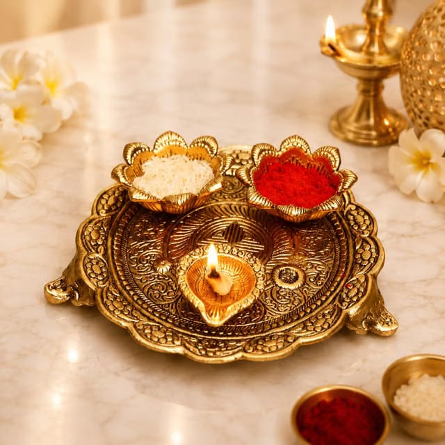 Metal Pooja Thali Set with Diya, Kumkum Roli Chawal Bowls, Decorative Puja Plate for Home Temple, Daily Worship, Diwali