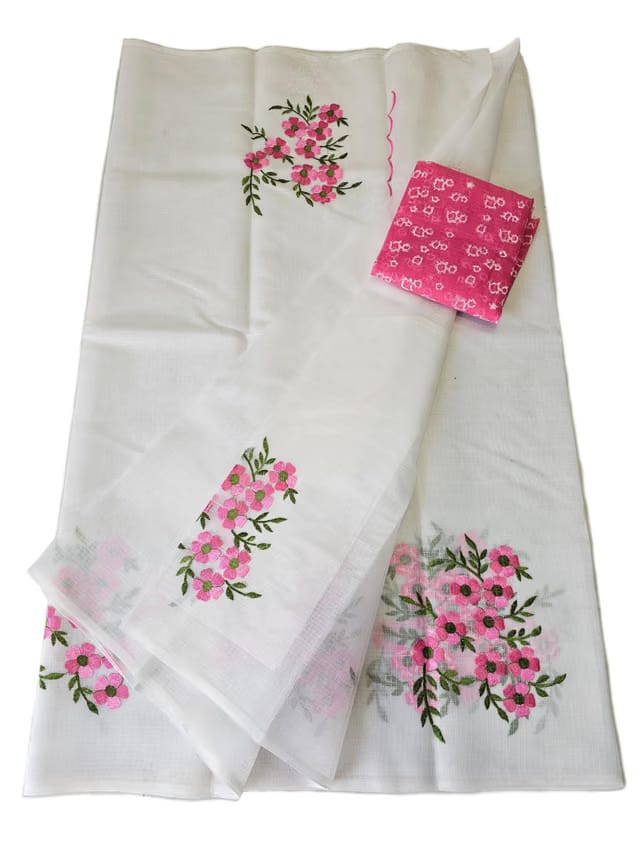 Women's Kota Doria Cotton Saree With Floral Embroidery Designe with Extra Contrast Blouse (M.I.R.Z.A.) 1TSES9f